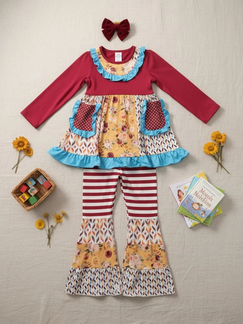 Girls Burgundy & Aqua Ruffle Tunic Set with Floral & Stripe Pants